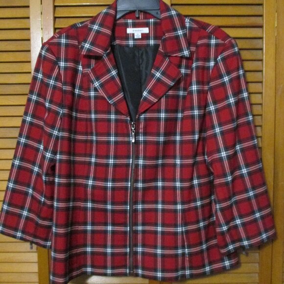 Dress Barn jacket/shacket full zip up 3/4 sleeves w/zippers red plaid size XL - Picture 1 of 9
